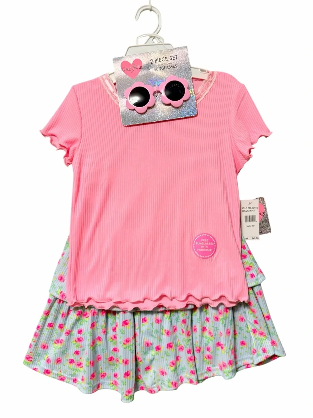 Freestyle Girls Skort and Tee Set NWT Size 10 Pink Blue Floral Ribbed